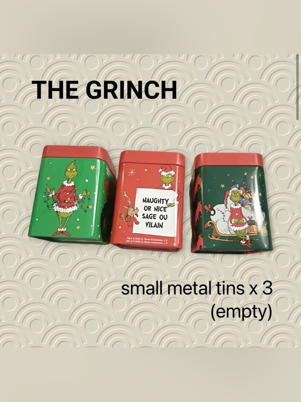 💚2/15$👍👍VGUC THE GRINCH | 3 | Set of small cute Grinch-theme empty metal tins